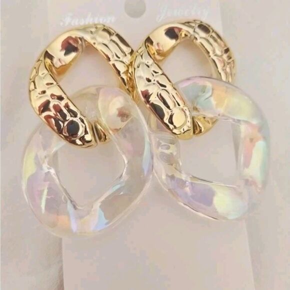 Gold Statement Hoop Earrings Chunky Clear Resin Chain Link Oversized 💖 - Picture 11 of 12
